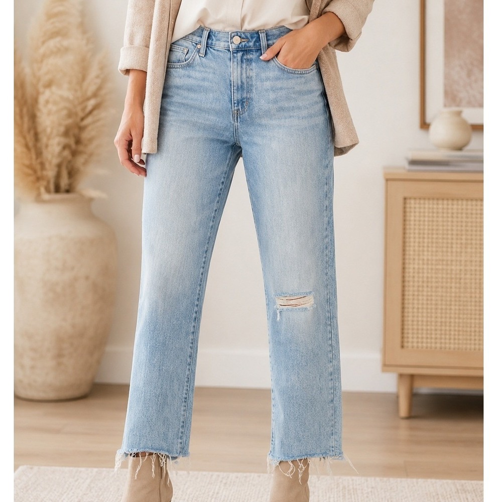 Joes Jeans The Lara Mid Rise Cigarette Crop Light Wash Distressed Raw Hem Jeans